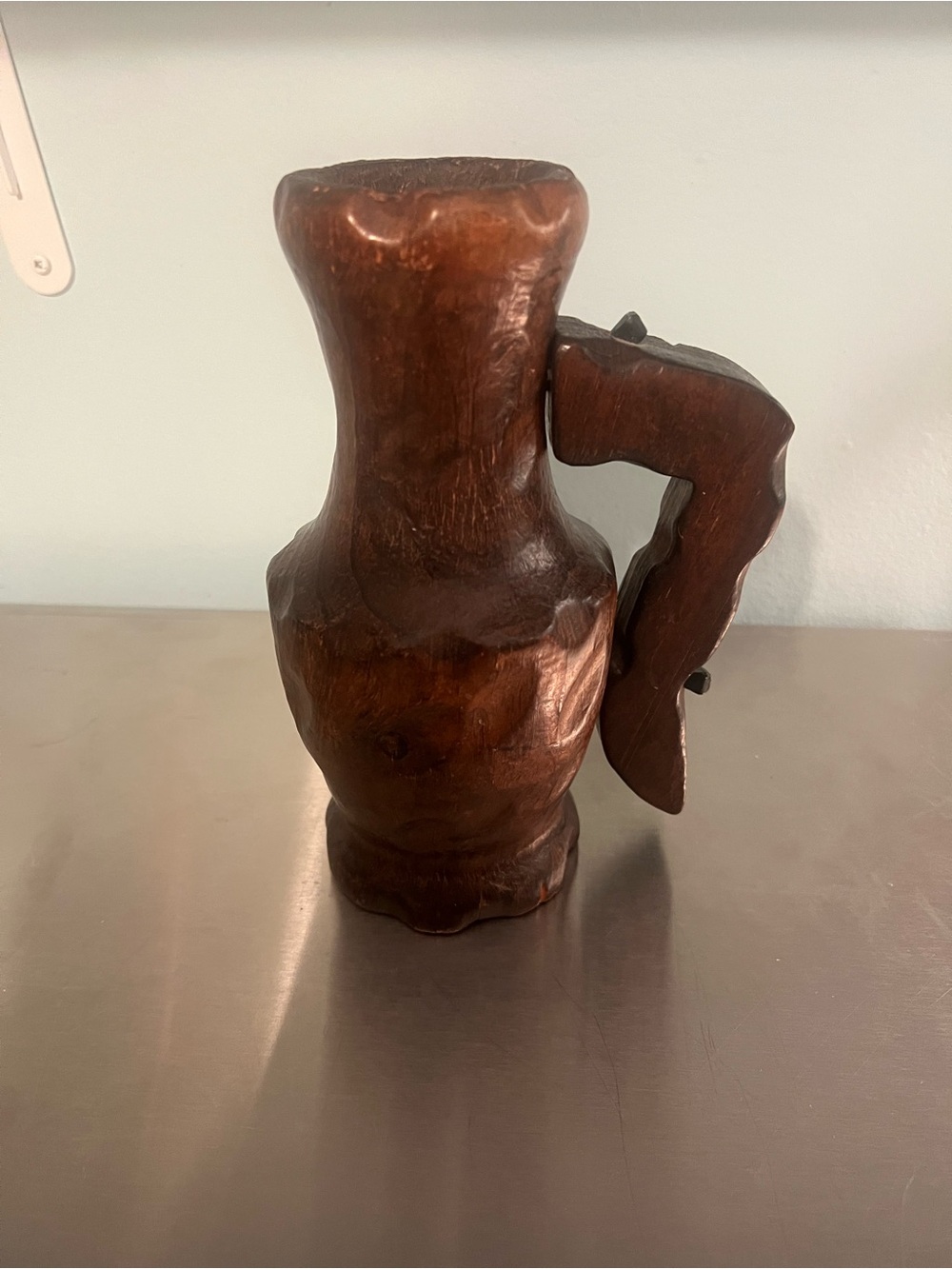 Primitive Hand-Carved Wooden Pitcher Jug in Deep Brown